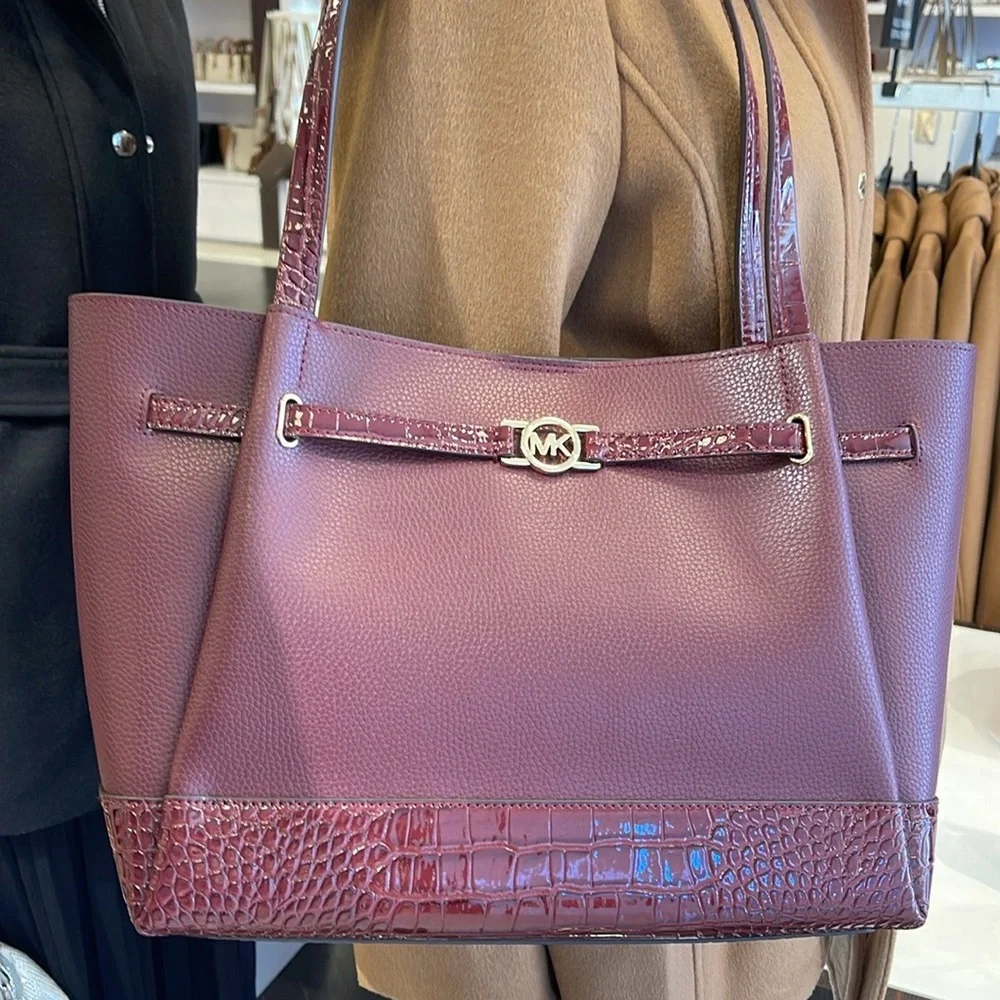 MICHAEL KORS Reed Lg Leather Belted Satchel Shoulder Handbag  Oxblood Crocodile